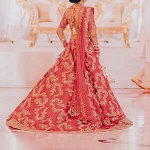 Dolly J Bridal Lengha Elegant Red and Gold Embroidered Gown